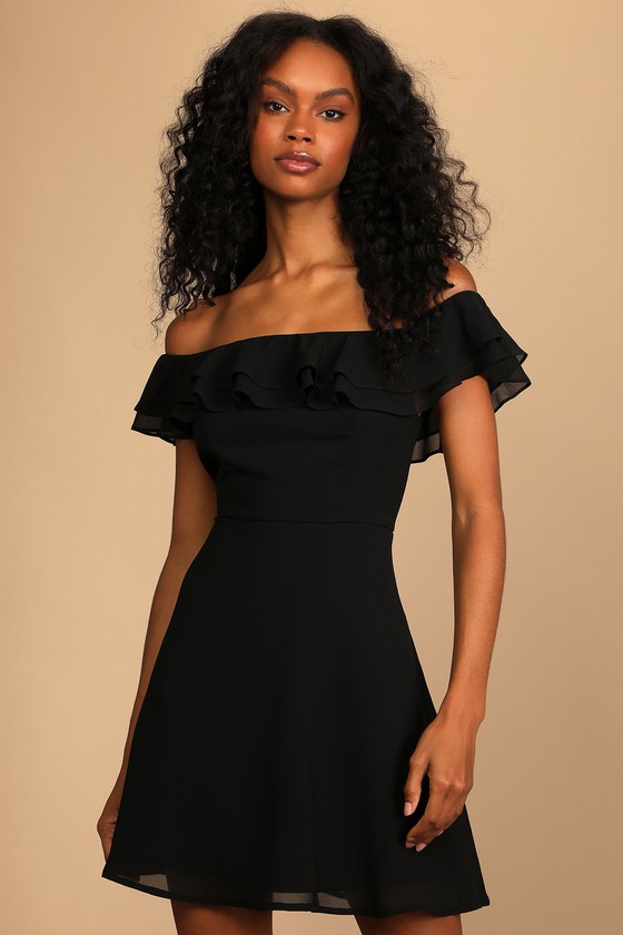 off shoulder black ruffle dress